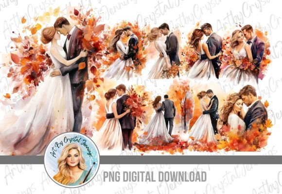 Beautiful Bride & Groom Fall Wedding PNG for Seasonal Designs