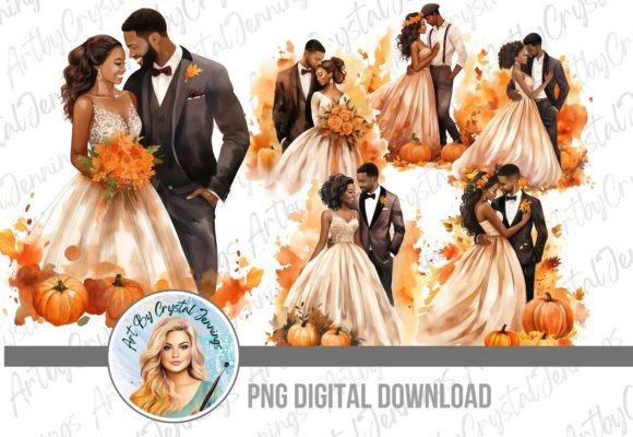 Black Bride & Groom Fall Pumpkin Wedding Clipart Collection