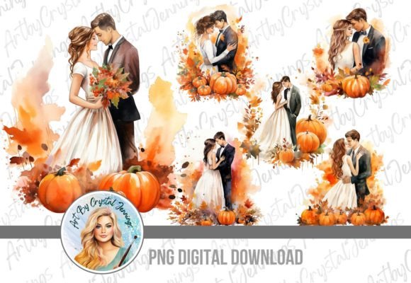 Charming Fall Pumpkin Wedding Bride & Groom PNG
