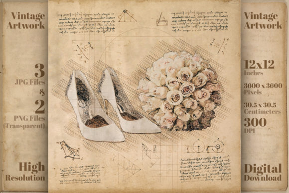 Wedding Shoes and Flower Bouquet Drawing: A Digital Art Asset